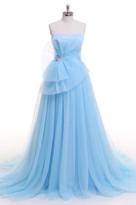 Light Blue Tull Party Dress,strapless Evening Dress,long Beaded Evening Dress, A-line Prom Dress,tulle Princess Dress,pl5107