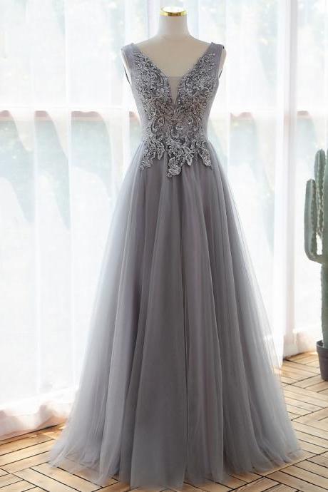 V-neck Prom Dress,gray Evening Dress With Applique,custom Made,pl5115