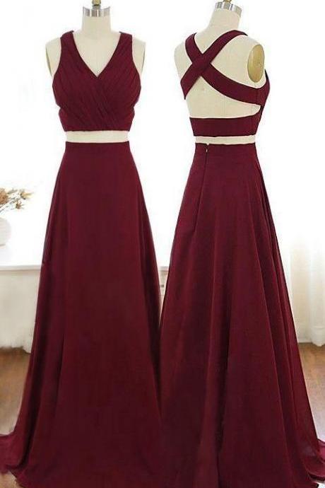 Wine Red Prom Dress Two Piece Party Dress V-neck Evening Dress Sleeveless Formal Dress Sexy Evening Dress,pl5116