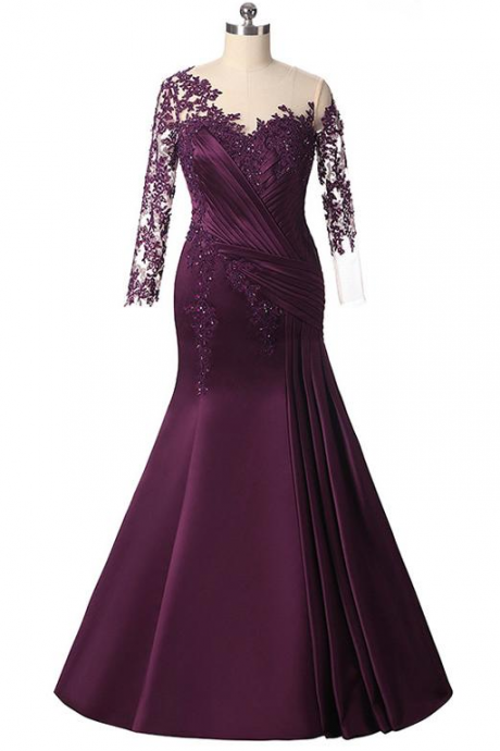Elegant Plus Size Mermaid Long Sleeves Floor-length Prom Dress With Lace Appliques,pl5126