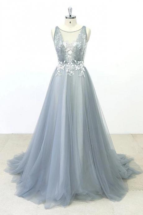 Simple Lace A-line Tulle Long Prom Dress With A Train,pl5129