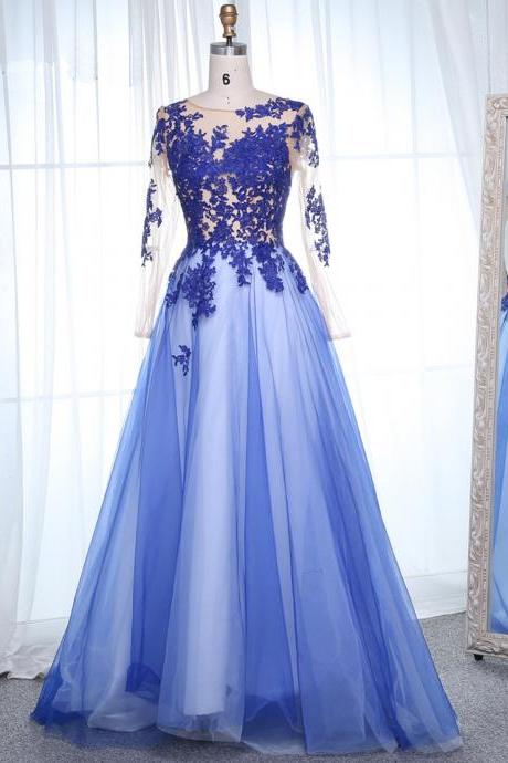 Scoop Neck Long Sleeves Appliques Lace Prom Dresses,pl5140