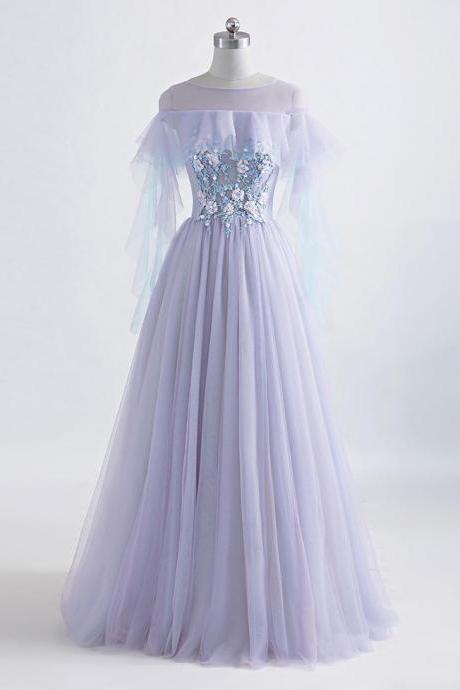 A-line/princess Tulle Jewel Floor-length Prom Dress With Beaded Lace Appliques,pl5150