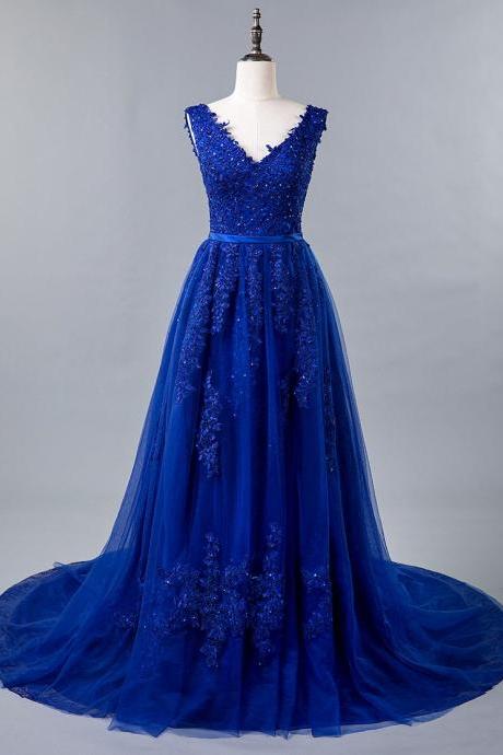 Blue Lace V-neck A-line Prom Dress With Beaded Lace Appliques & Belt,pl5160