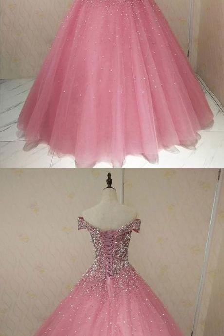 Pink Sweetheart Neck Tulle Sequin Long Prom Dress, Sweet 16 Dress, Pink Tulle Sequin Formal Dress,pl5201