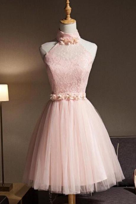 Light Pink Halter Tulle And Lace Lovely Knee Length Formal Dress, Cute Party Dress, Pink Prom Dresses,pl5202
