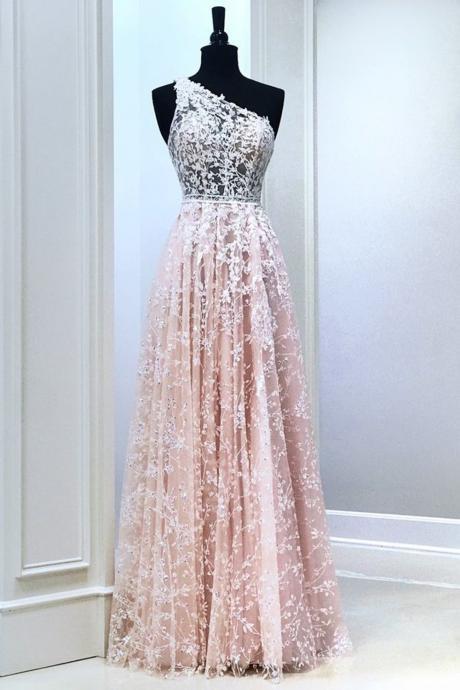 A Line One Shoulder Pink Lace Long Prom Dress, Pink Lace Formal Dress, Pink Evening Dress,pl5206