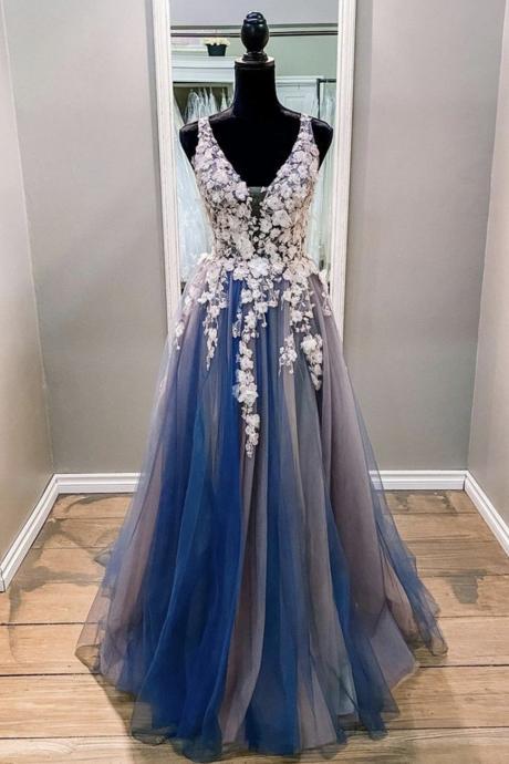 A Line V Neck Blue Lace Long Prom Dress, Long Blue Formal Evening Dress.pl5217