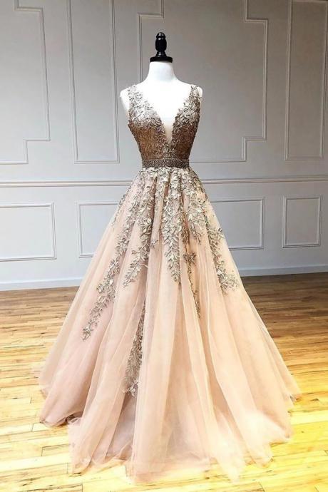 A Line V Neck Lace Champagne Tulle Long Prom Dress, V Neck Lace Champagne Formal Dress, Champagne Lace Evening Dress.pl5221