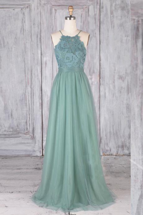 A Line Backless Lace Green Long Prom Dresses, Backless Green Lace Formal Graduation Evening Dresses,pl5223
