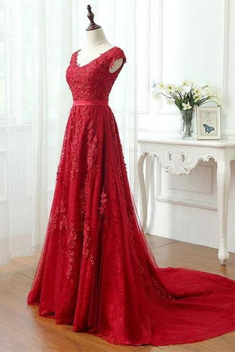 A Line Cap Sleeves Burgundy Lace Long Prom Dress With Appliques, Burgundy Formal Dress, Burgundy Evening Dress.pl5224