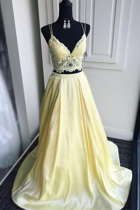 A Line V Neck Two Pieces Lace Top Yellow Prom Dress, Two Pieces Yellow Formal Dress, Yellow Lace Evening Dress,pl5227
