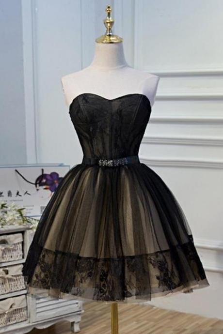 Black And Champagne Tulle Sweetheart Lace Short Party Dress, Tulle Homecoming Dresses.pl5230