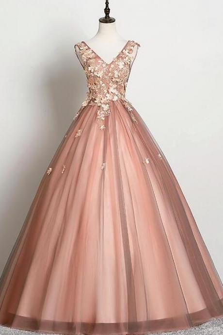 Beautiful V-neckline Tulle Ball Gown Pink Sweet 16 Dresses, Ball Gown Lace Applique Quinceanera Dress,pl5231