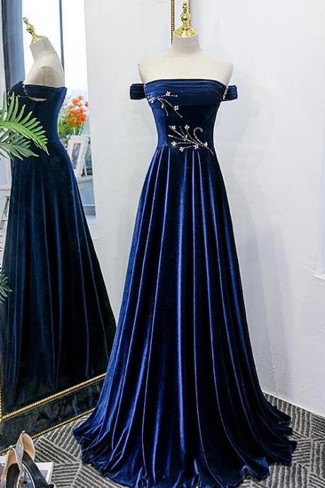 Blue Velvet Beaded Elegant Off Shoulder Evening Dress, Blue Long Prom Dress Party Dress.pl5234