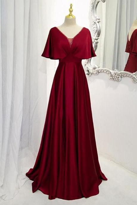 Dark Red Satin A-line Floor Length Evening Dress, Wine Red Wedding Party Dresses.pl5237