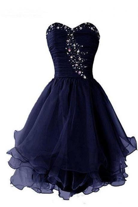 Navy Blue Sweetheart Short Homecoming Dress, Sparkly Crystal Organza Short Formal Dress.pl5240