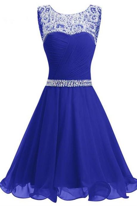 Beautiful Beaded Chiffon Round Neckline Short Party Dress, Blue Chiffon Homecoming Dresses.pl5244
