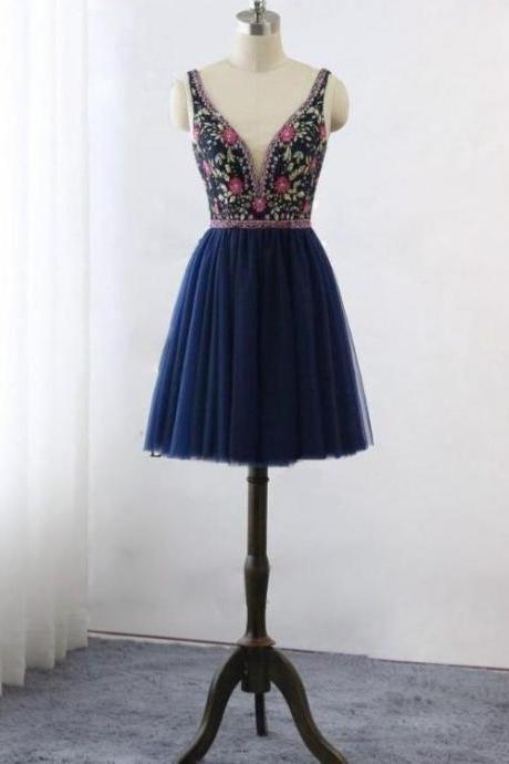 Dark Blue V Neck Lace Tulle Short Floral Print Backless Homecoming Dress, Blue Short Prom Dresses.pl5245