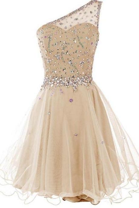 Light Champagne Beaded One Shoulder Chic Homecoming Dresses, Short Party Dress Prom Dresses.pl5247