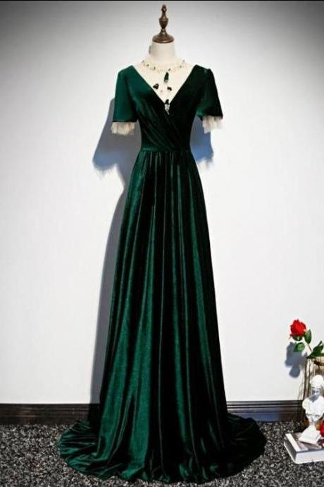 Dark Green Velvet Short Sleeves A-line Bridesmaid Dresses, A-line Wedding Party Dress Prom Dress.pl5250