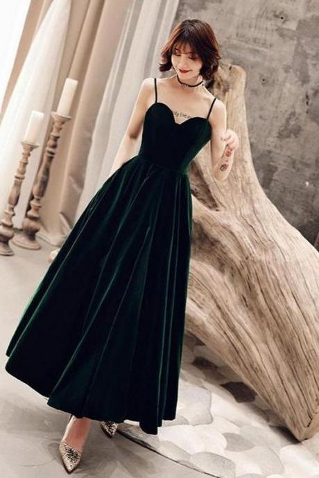 Dark Green Chic Straps Velvet Long Bridesmaid Dress Party Dress, Velvet Evening Dress.pl5251
