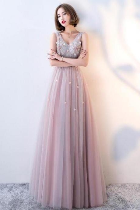 Pink Beaded V-neckline Tulle Long Party Dresses, Pink Formal Dresses Evening Dresses.pl5256