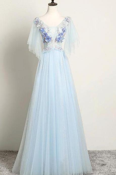 Light Blue Flower Lace V-neckline Puffy Sleeves Long Party Dress, Blue Prom Dress Evening Dress.pl5259