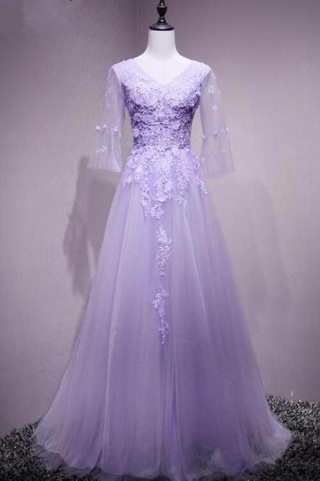Light Purple Tulle Flower And Lace Short Sleeves Tulle Long Evening Dress,lavender Party Dress Prom Dress,.pl5280