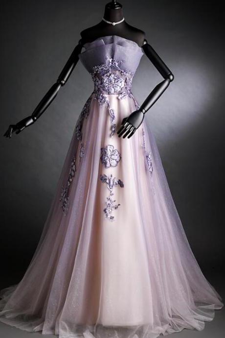 Purple Tulle Long Gradient Party Dress With Flower Lace Applique, Light Purple Prom Dresses.pl5261