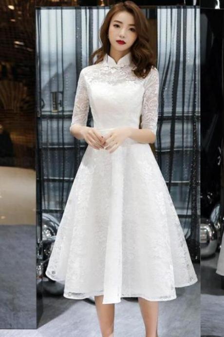 Lovely White Tea Length Lace Simple Short Sleeves Party Dress, White Lace Wedding Party Dress Graduation Dress.pl5267