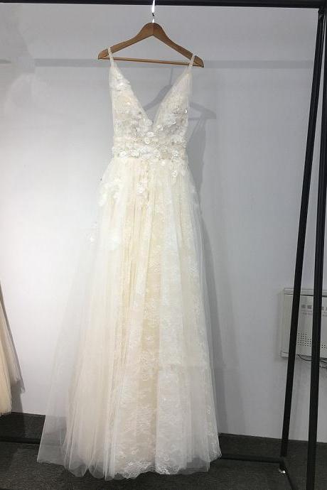 Ivory Lace V-neckline Flowers Tulle Prom Dress, Ivory Wedding Party Dress Formal Dress.pl5269