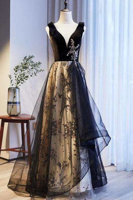 V-neckline Black Tulle With Velvet Top Long Evening Dress Party Dress, A-line Wedding Party Dress.pl5271