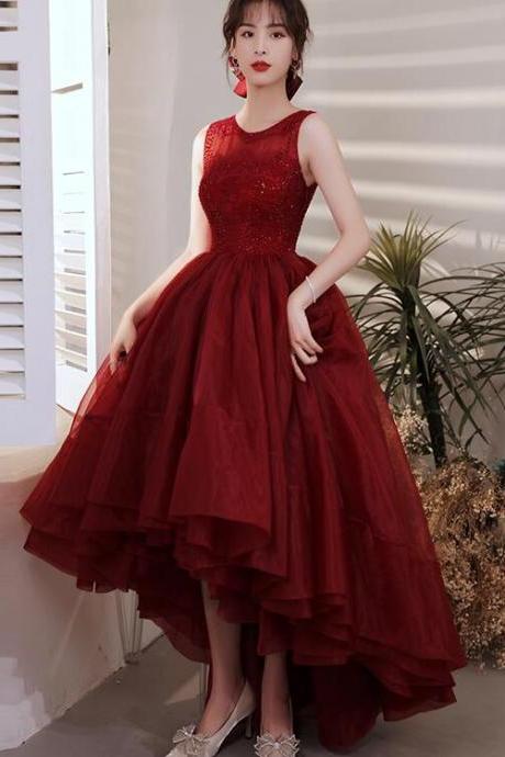 Wine Red Organza Lace High Low Chic Party Dresses Prom Dress, Dark Red Homecoming Dresses.pl5272