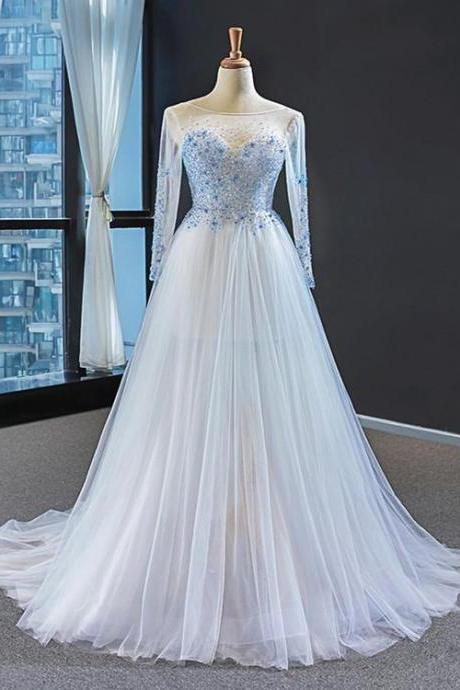 Light Blue Beaded Long Tulle A-line Shiny Junior Prom Dress, Tulle Long Party Dress,pl5277