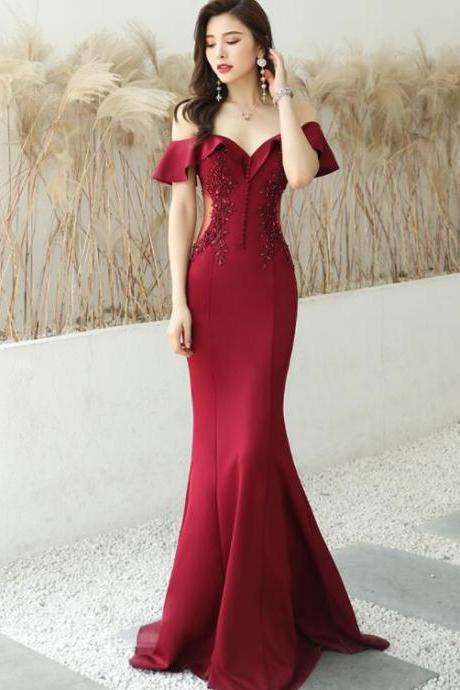 Wine Red Mermaid Long Party Dress Evening Dress, Off Shoulder Lace Prom Dress,pl5279
