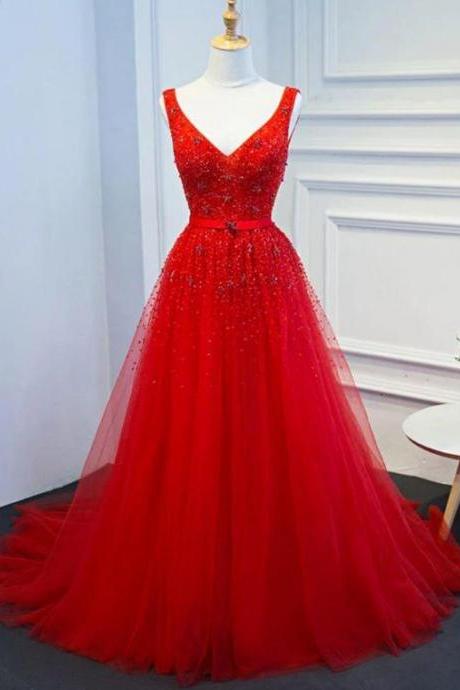 Red V-neckline Sequins And Beadings Tulle Long Party Dress With Belt, Red Tulle Formal Dress,pl5299