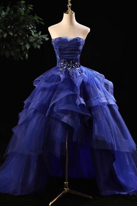 Blue Prom Dresses Ruffles Tiered Crystal Beaded Top Formal Party Dress, High Low Prom Dress.pl5302