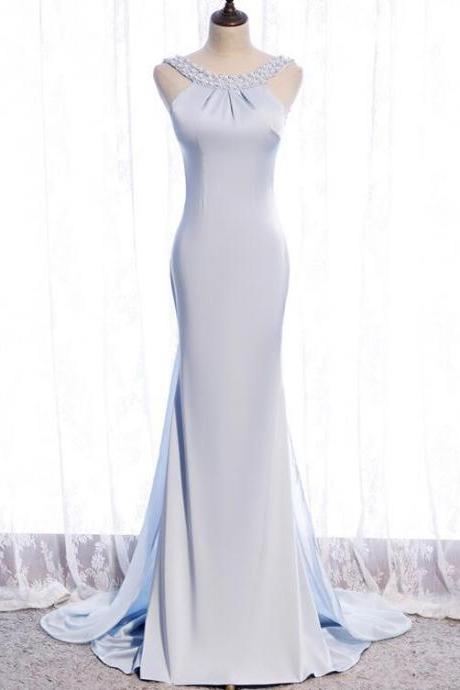 Light Blue Long Mermaid Backless Elegant Prom Dress, Blue Evening Dress Party Dress.pl5304