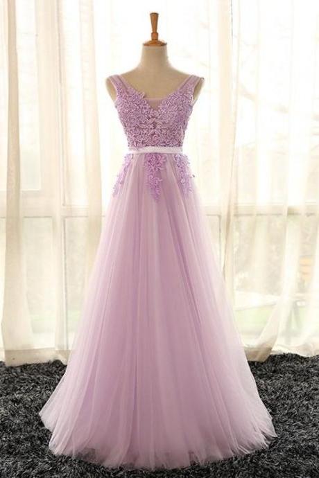 Light Purple V-neckline Long Formal Dress, Tulle Lace Applique Bridesmaid Dress,pl5305