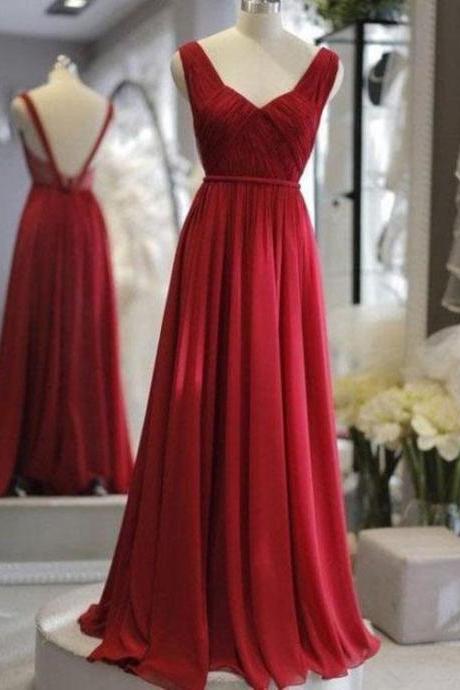 Wine Red Chiffon Long Floor Length Party Dress, A-line Bridesmaid Dress Prom Dress,pl5309