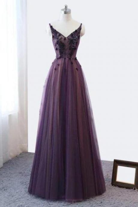 Purple V-neckline Tulle Lace Applique Party Dress, Purple Formal Dress Prom Dress.pl5311