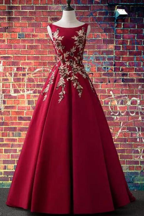 Charming Wine Red Satin Party Dress With Lace Applique, Dark Red Prom Dress.pl5319