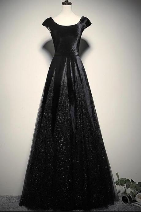 Elegant Black Velvet Cap Sleeves Evening Dress, Black Prom Dress.pl5327
