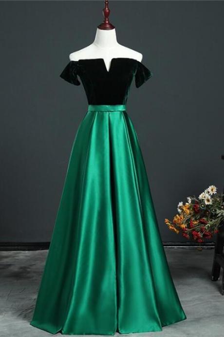 Beautiful Green Velvet And Satin Off Shoulder Party Dress, Long Prom Dress,pl5328