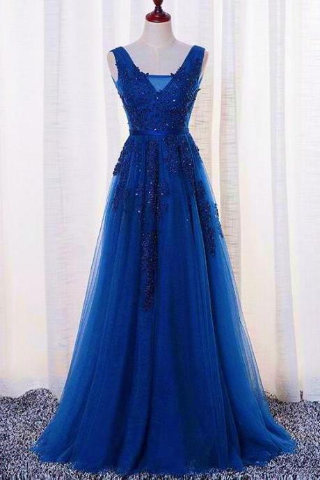 Royal Blue Long Tulle A-line Bridesmaid Dress, Blue Prom Dress.pl5336