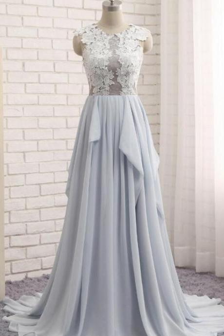 Beautiful Light Grey-blue Chiffon Wedding Party Dress, Long Formal Dress,pl5344