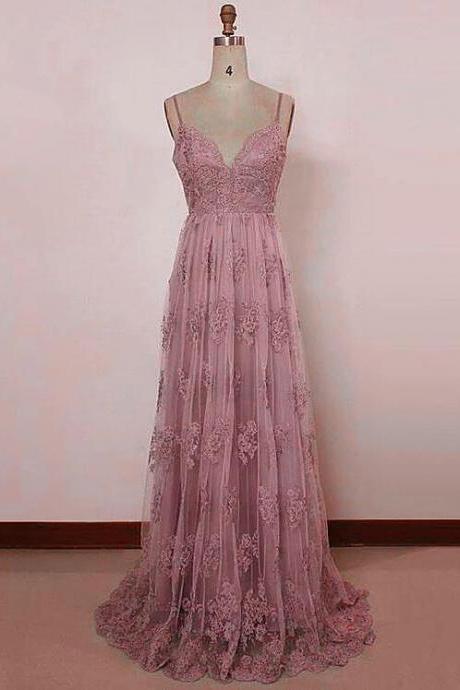 Beautiful Pink Straps Lace Floor Length Party Dress, Pink Backless Prom Dress,pl5346