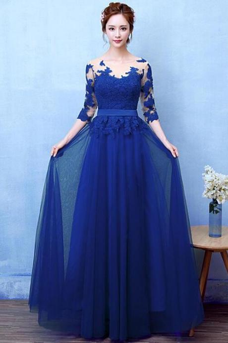 Beautiful Blue 1/2 Sleeves Tulle Long Prom Dress, Blue Bridesmaid Dress.pl5349