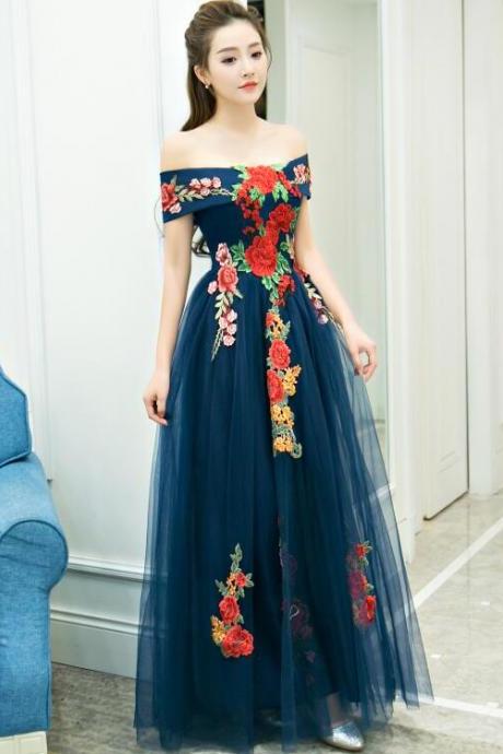 Elegant Off The Shoulder Tulle Long Party Dress, A-line Flowers Prom Dresses,pl5350